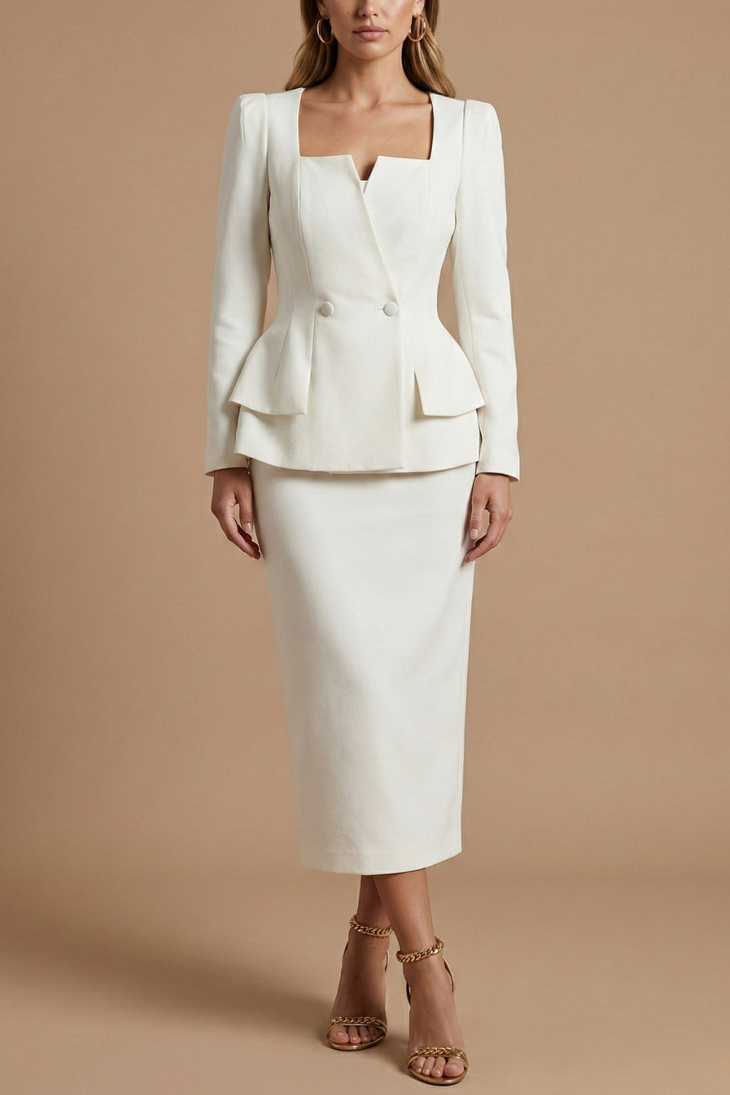 Women's peplum blazer midi skirt set, full-length front view