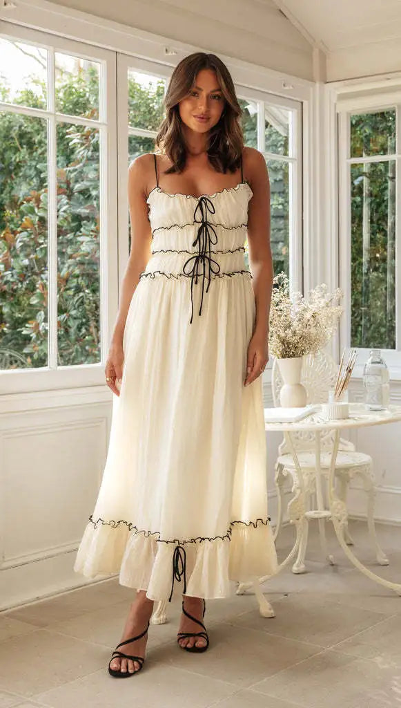 Women's ruffle lace up maxi dress in full length, front view