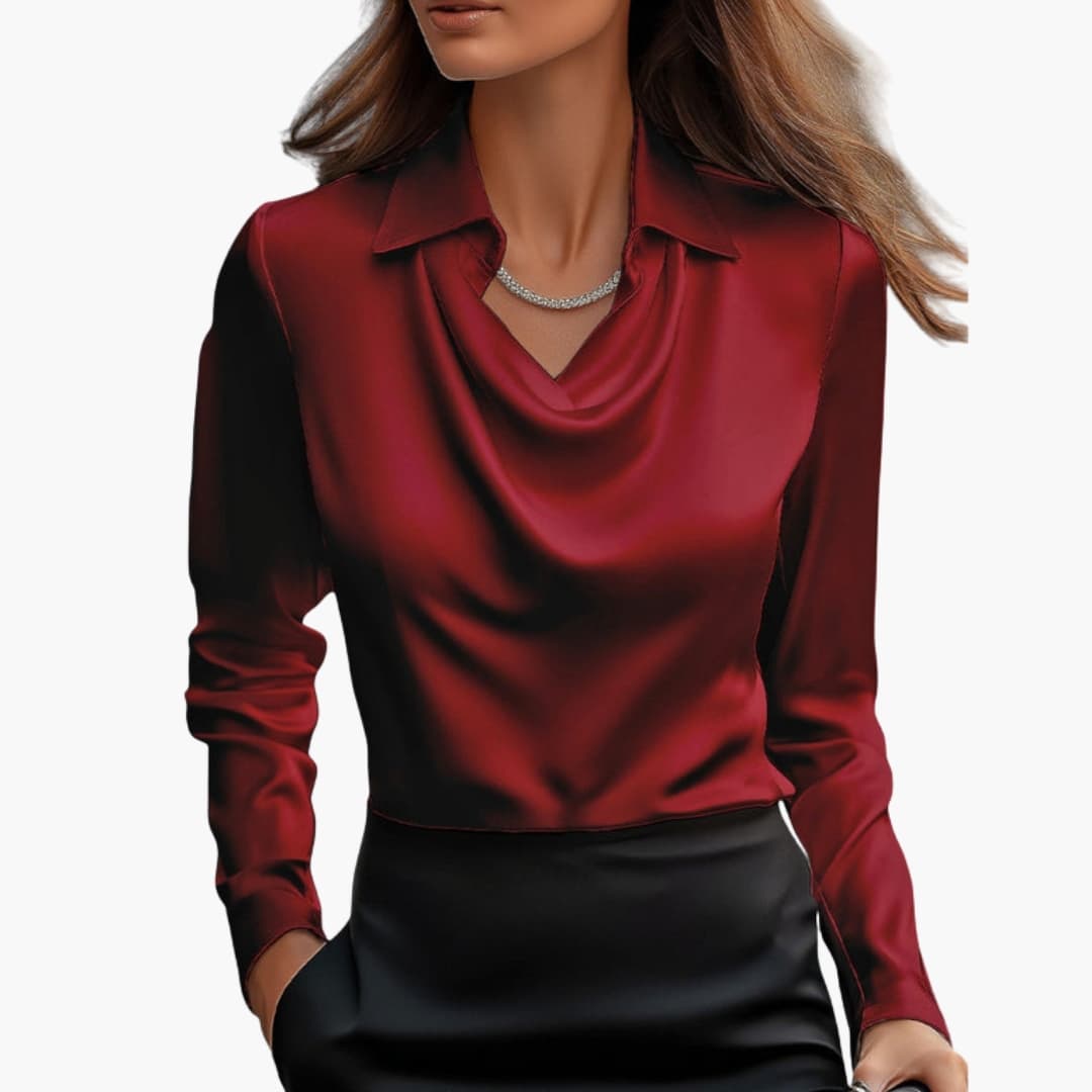 Three-quarter view of blouse on model