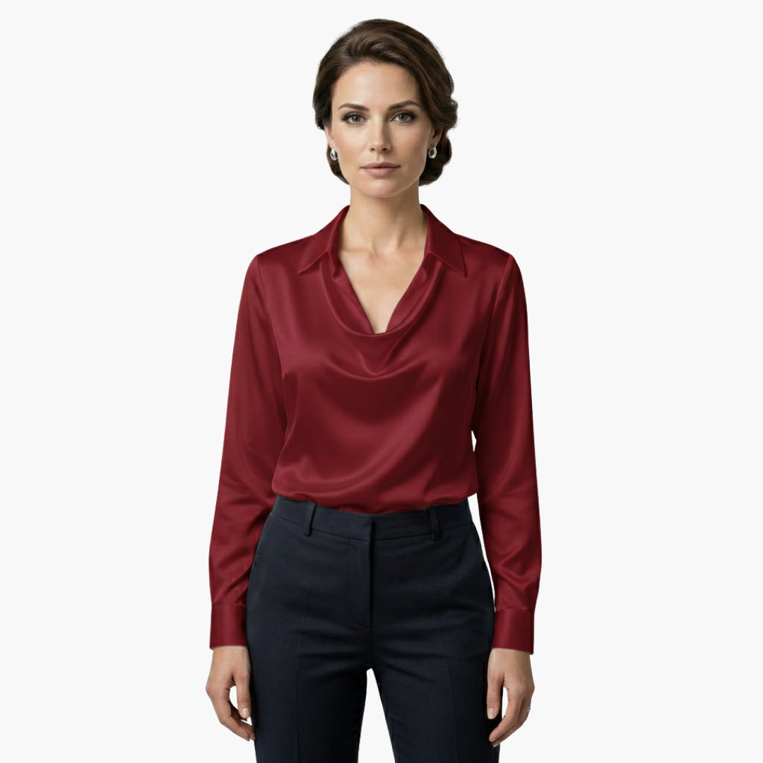 Blouse detail showing gathered cowl front drape