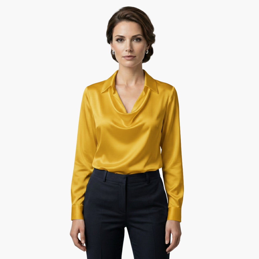 Women's Satin Cowl Neck Collared Blouse
