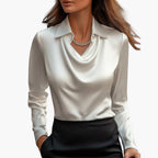 Women's satin cowl neck blouse with collar, front view