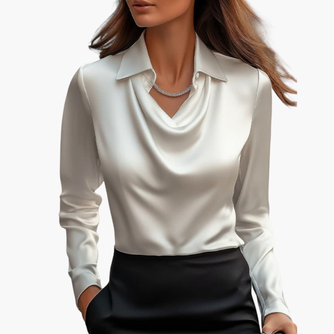 Women's satin cowl neck blouse with collar, front view