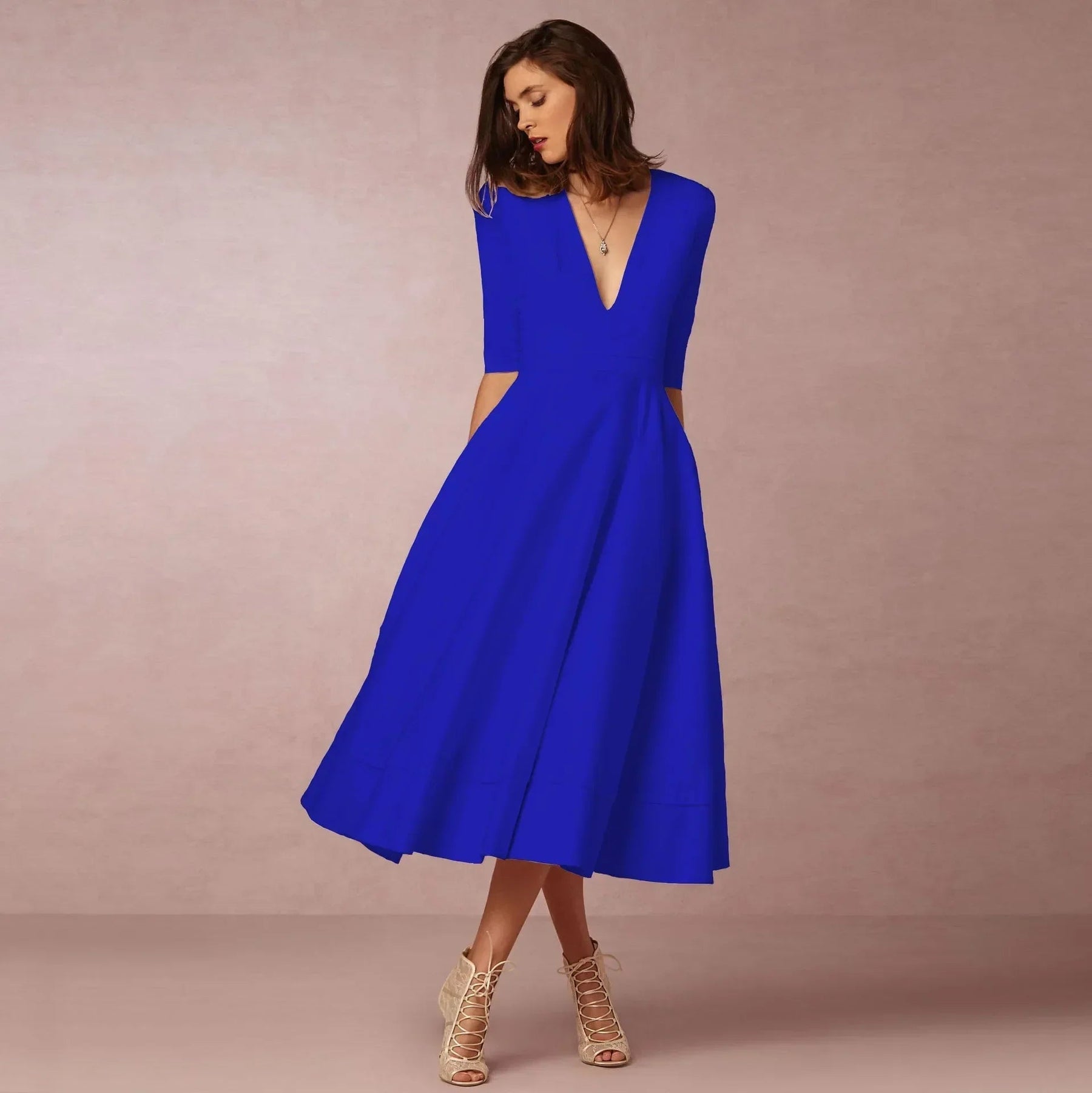 Women's V-Neck 3/4 Sleeve Fit and Flare Midi Dress