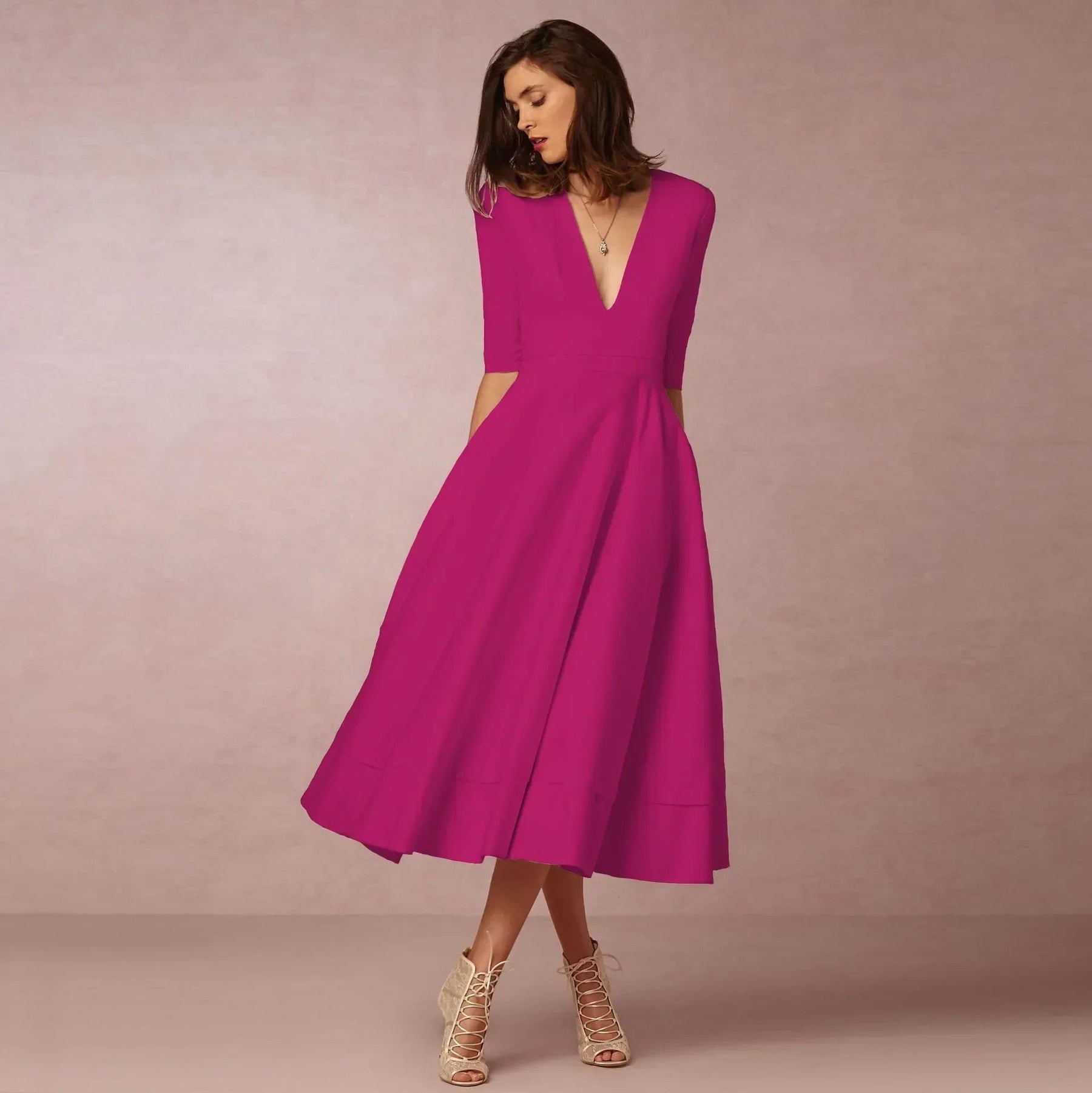 Women's V-Neck 3/4 Sleeve Fit and Flare Midi Dress