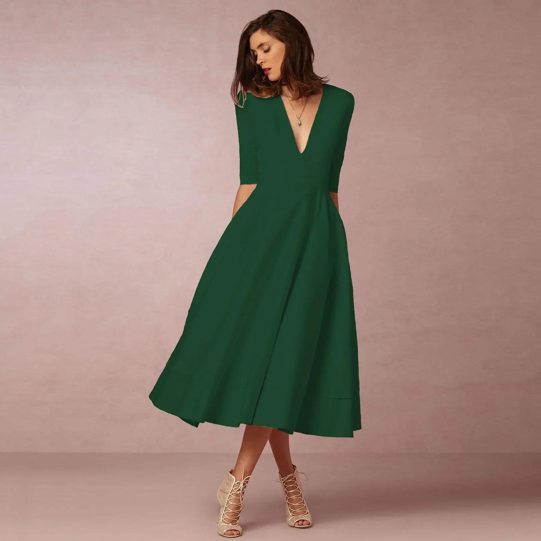 Women's V-Neck 3/4 Sleeve Fit and Flare Midi Dress