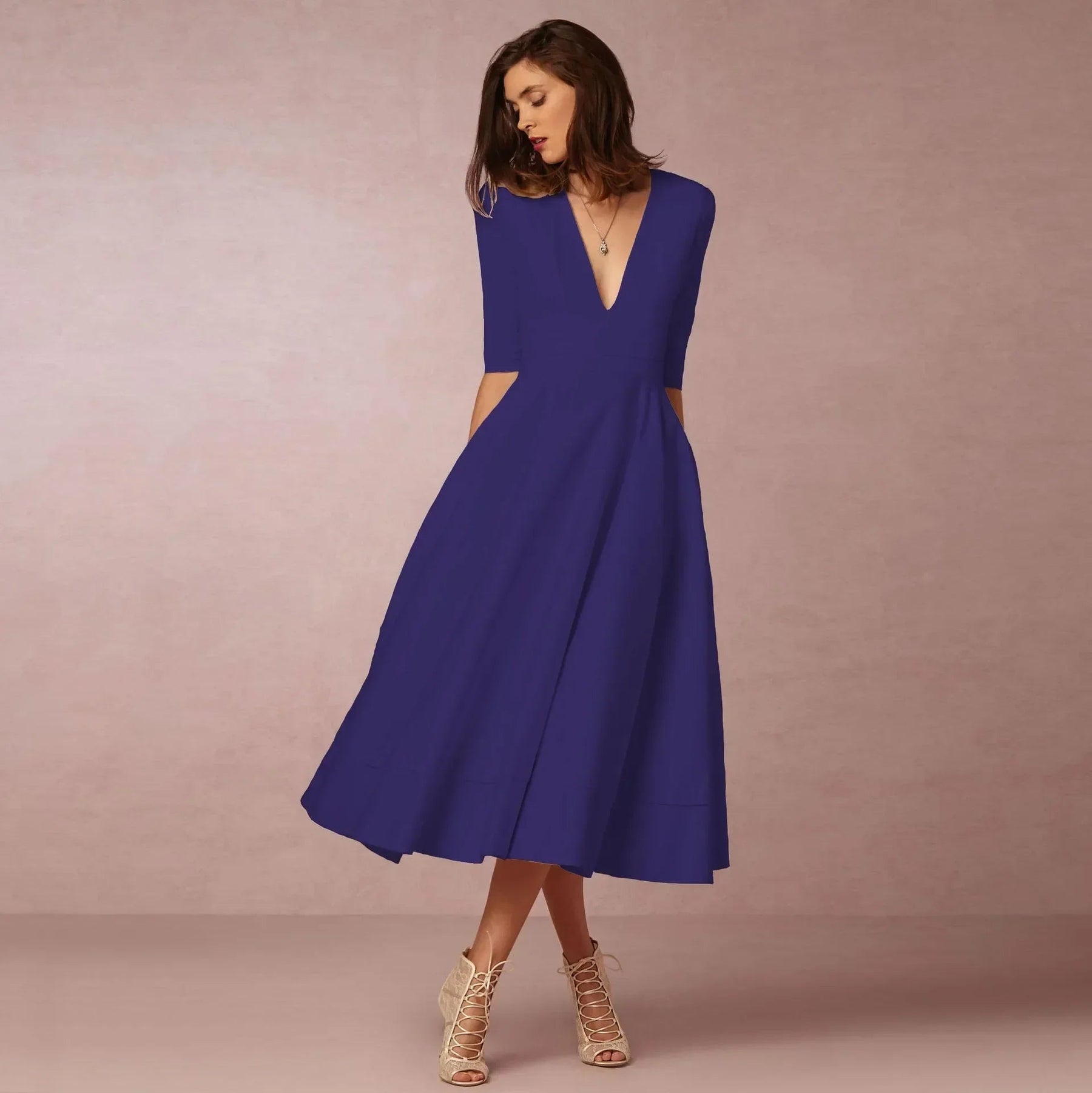 Women's V-Neck 3/4 Sleeve Fit and Flare Midi Dress