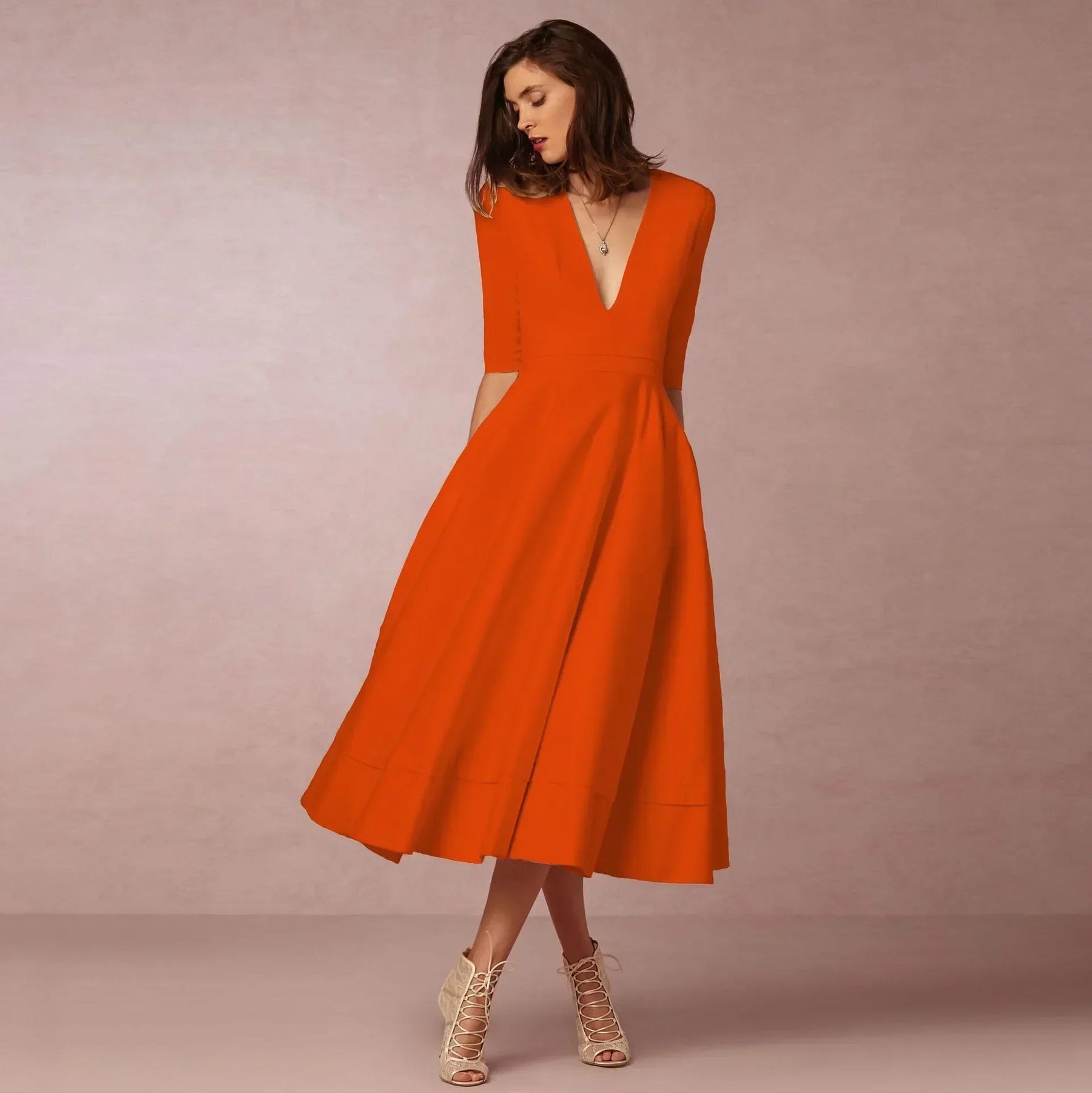 Women's V-Neck 3/4 Sleeve Fit and Flare Midi Dress