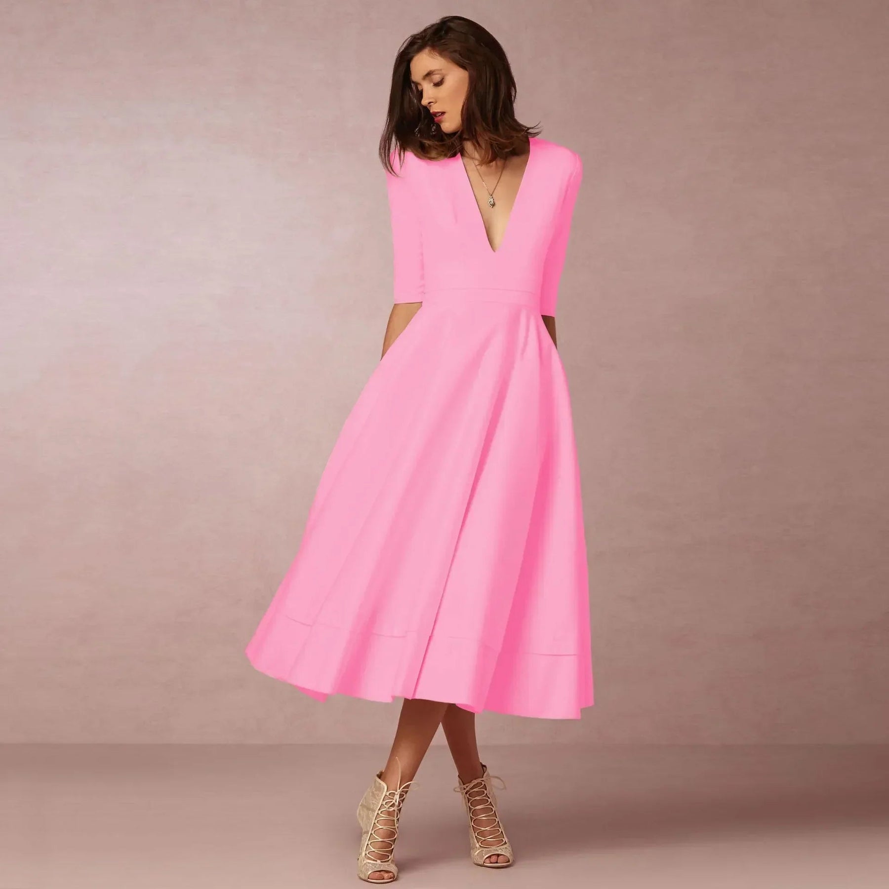 Women's V-Neck 3/4 Sleeve Fit and Flare Midi Dress