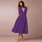 Women's V-Neck 3/4 Sleeve Fit and Flare Midi Dress