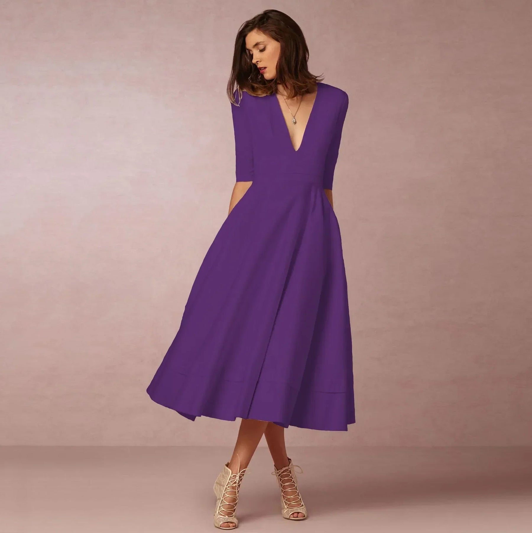 Women's V-Neck 3/4 Sleeve Fit and Flare Midi Dress