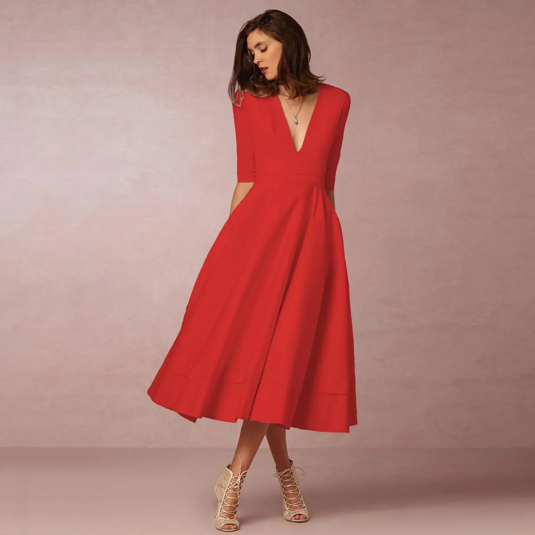 Women's V-Neck 3/4 Sleeve Fit and Flare Midi Dress