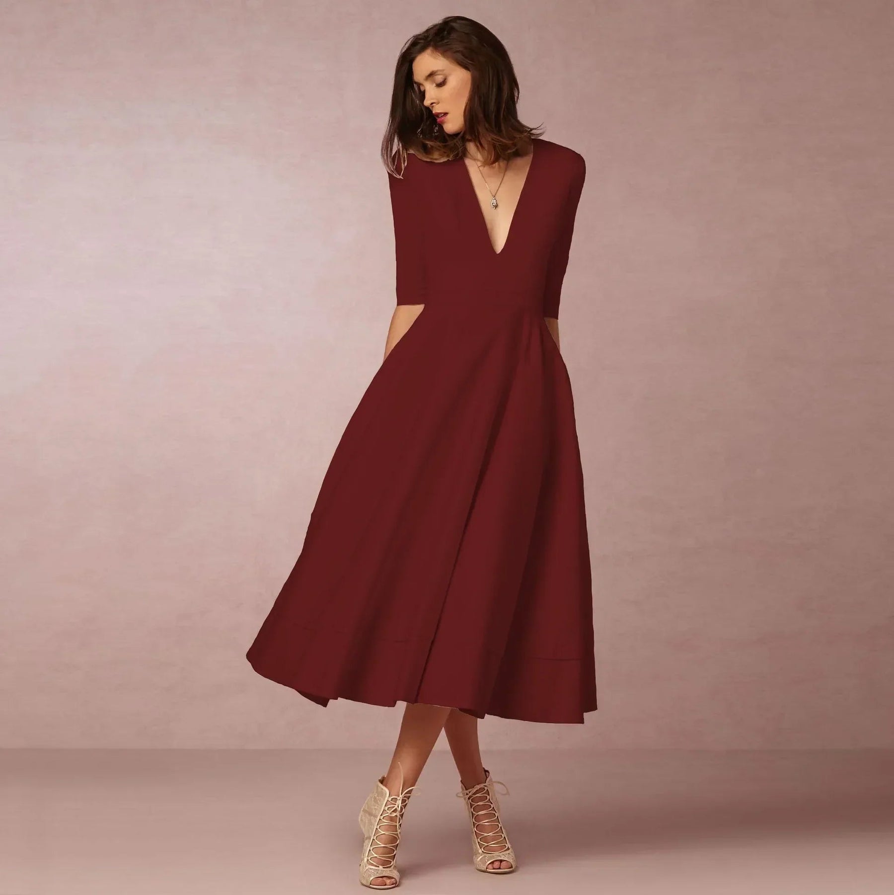 Women's V-Neck 3/4 Sleeve Fit and Flare Midi Dress