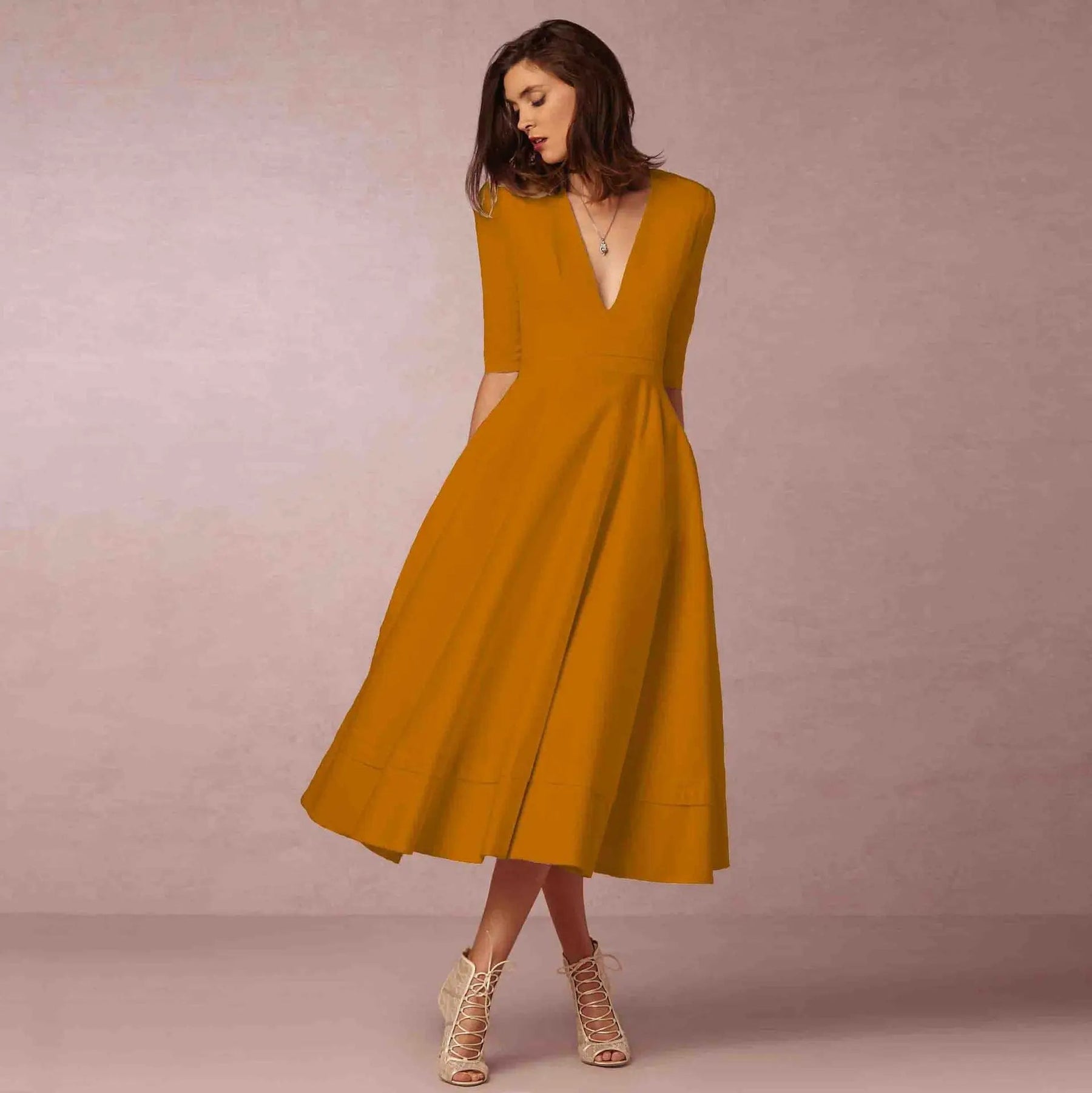 Women's V-Neck 3/4 Sleeve Fit and Flare Midi Dress