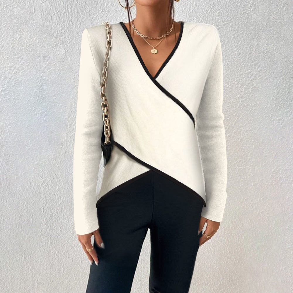 Ivory wrap front jumper with black trim, front view on model