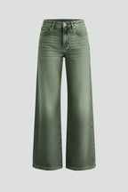 Women's khaki green high waist wide leg jeans on white background