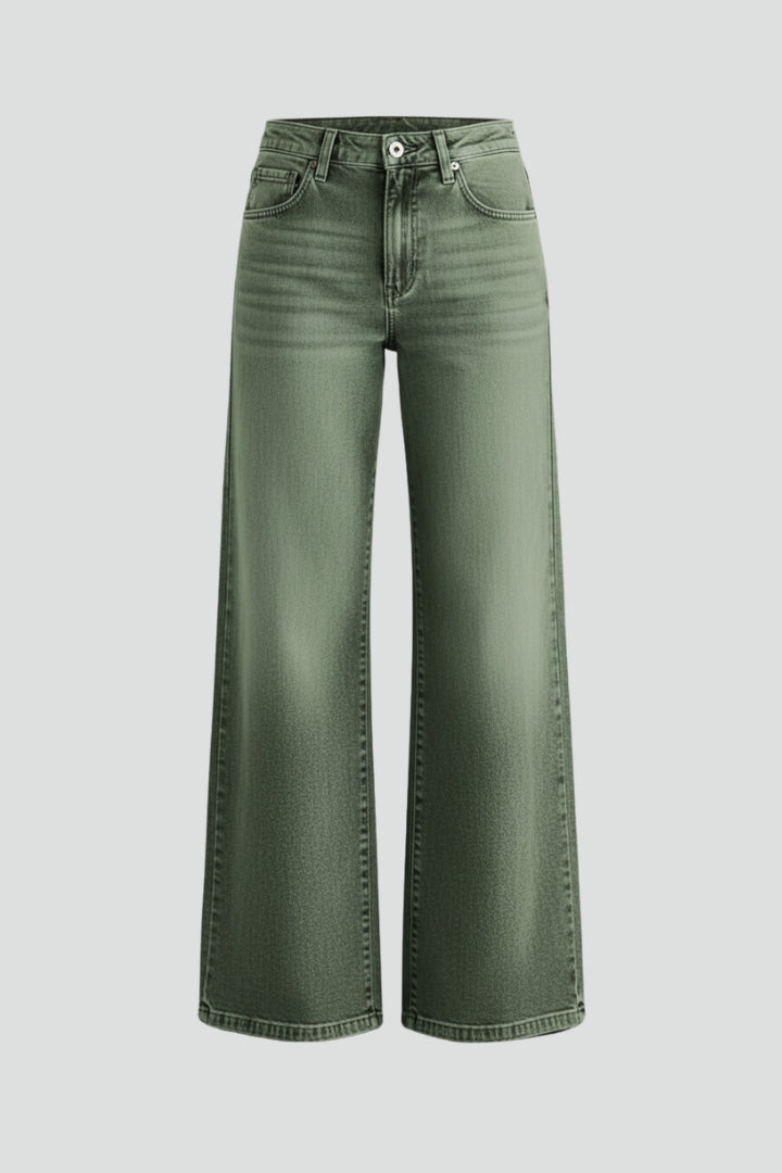 Women's Khaki Green Denim High Waist Wide Leg Jeans