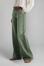 Close-up of high-rise waistband and front pocket detail