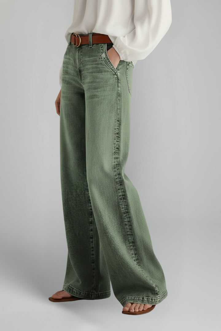 Women's Khaki Green Denim High Waist Wide Leg Jeans