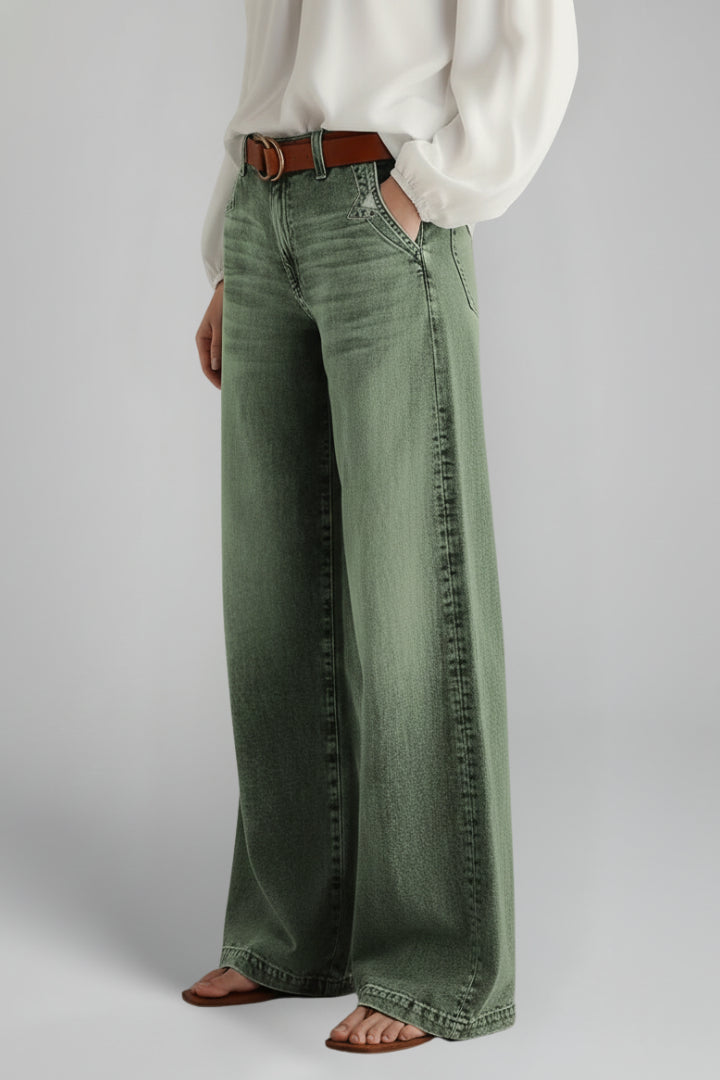 Women's Khaki Green Denim High Waist Wide Leg Jeans