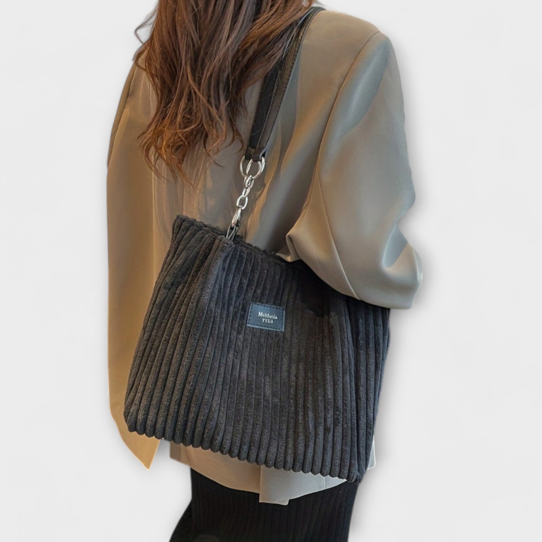 Close-up of vertical ribbed texture and dual chain strap detail