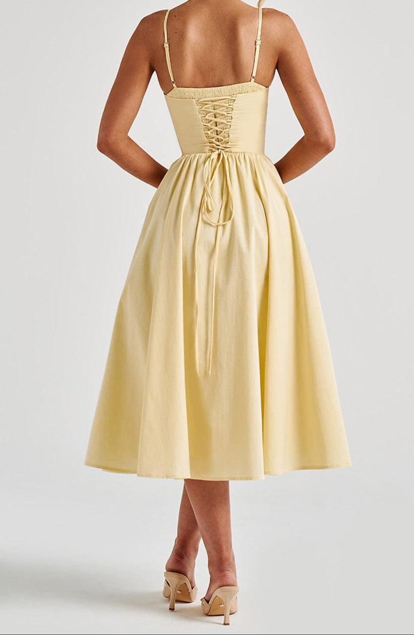 Women's Lemon Yellow Corset Bodice Midi Dress