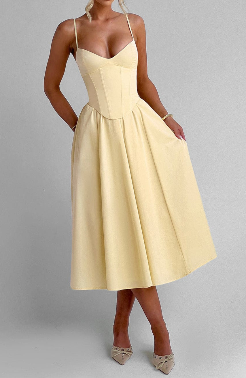 Women's Lemon Yellow Corset Bodice Midi Dress