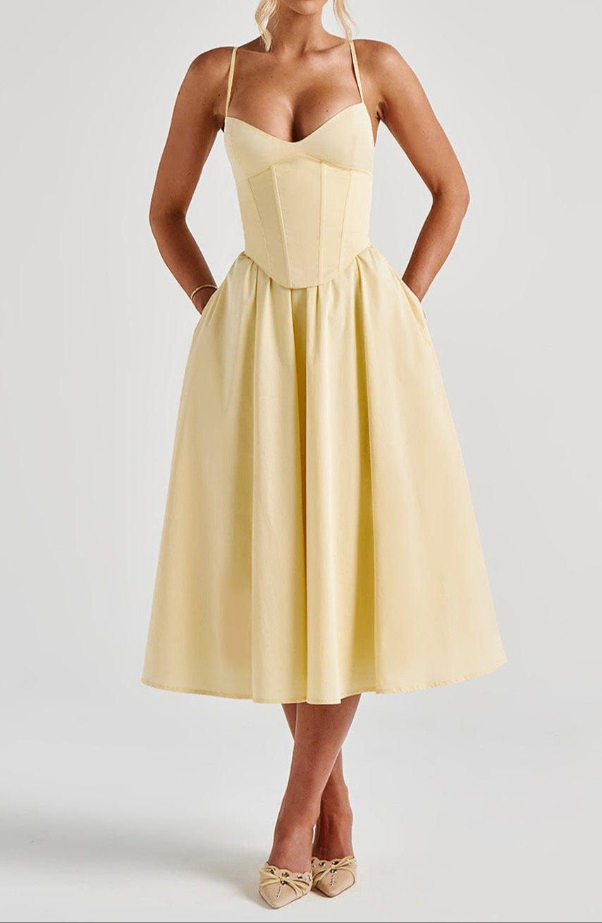 Women's Lemon Yellow Corset Bodice Midi Dress