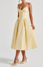 Women's Lemon Yellow Corset Bodice Midi Dress