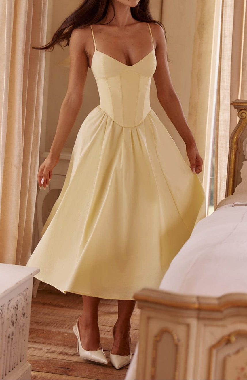Women's Lemon Yellow Corset Bodice Midi Dress
