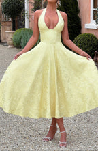 Women's Lemon Yellow Jacquard Halter Neck Midi Dress