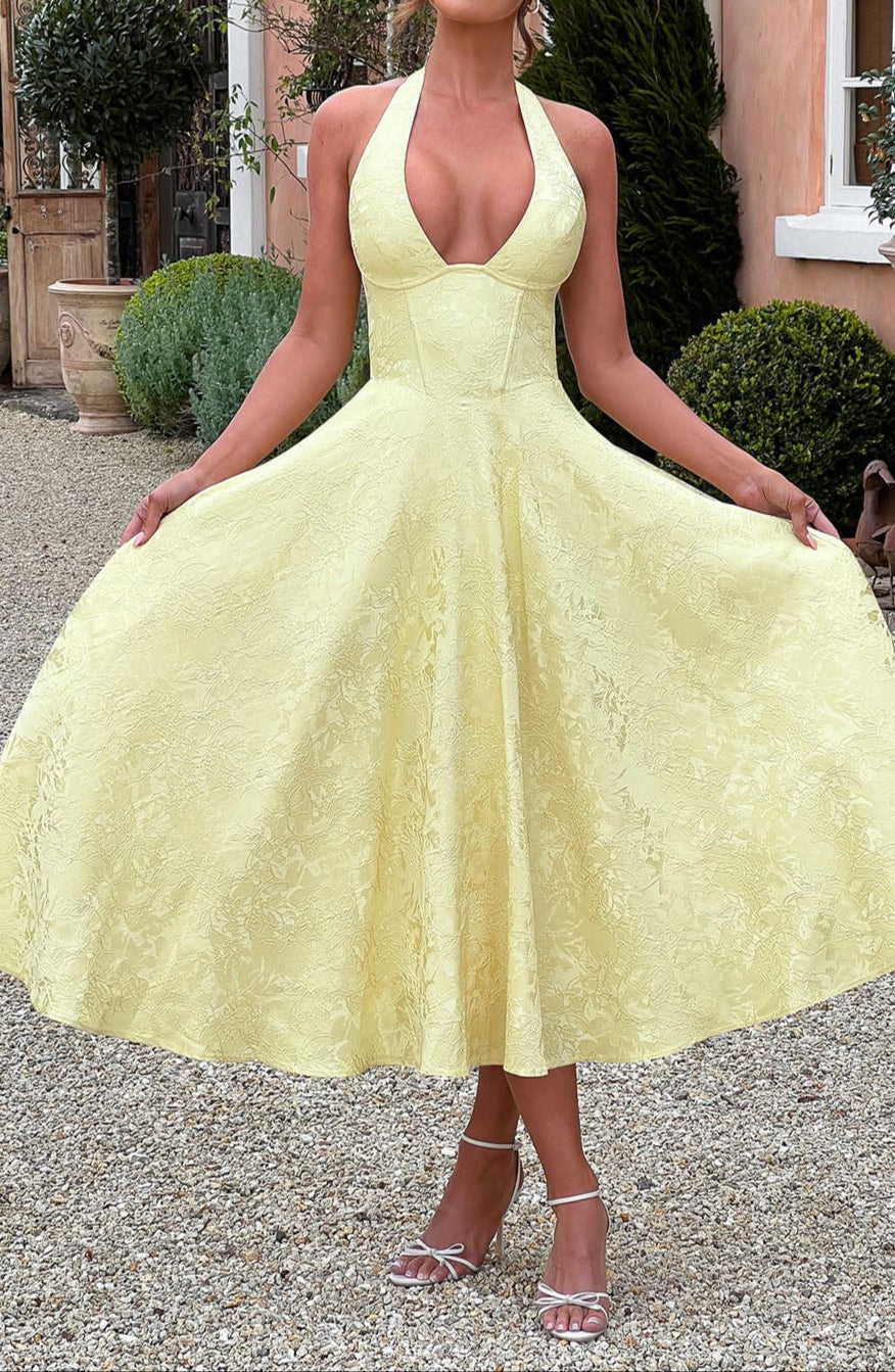 Women's Lemon Yellow Jacquard Halter Neck Midi Dress