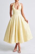 Women's Lemon Yellow Jacquard Halter Neck Midi Dress