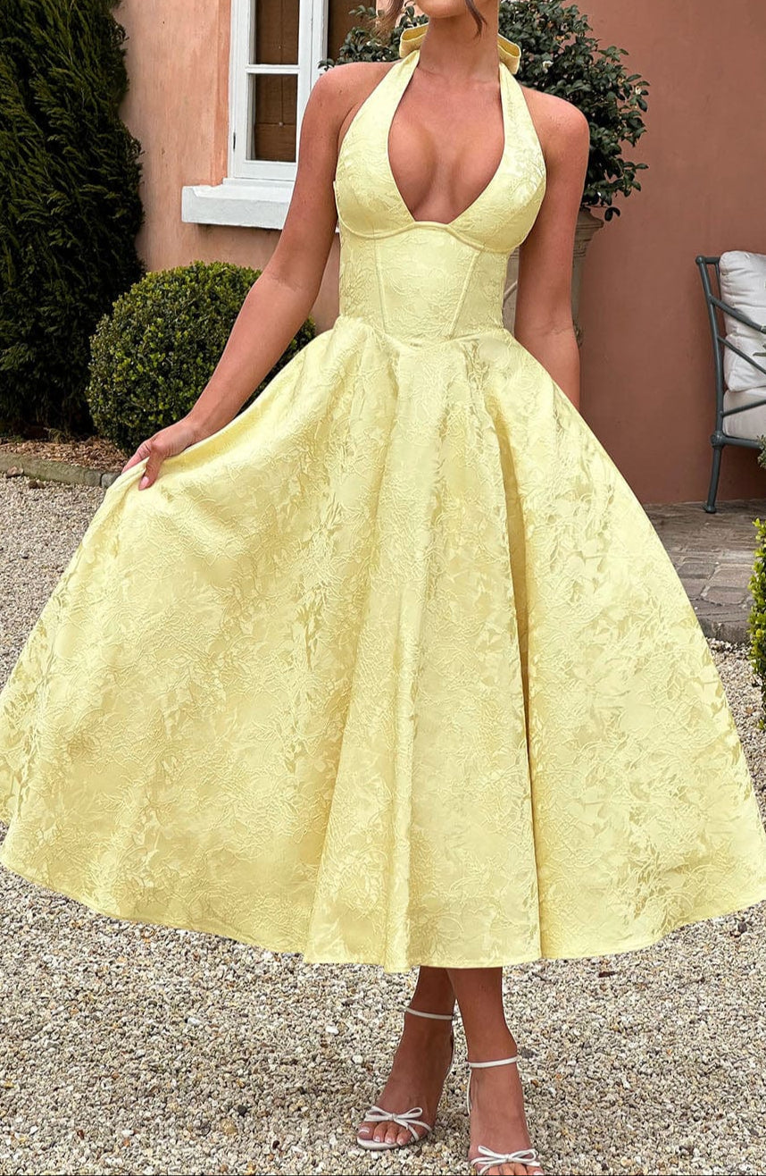 Women's Lemon Yellow Jacquard Halter Neck Midi Dress