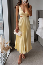 Women's pleated midi dress with V-neckline, front view on model