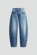 Women's light blue barrel leg jeans, front view, mid rise fit
