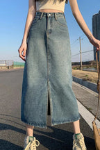Back view of light blue denim maxi skirt