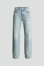 Light blue straight leg denim jeans with low waist, front view on white background