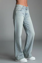 Side view of straight leg jeans fit and low waist silhouette