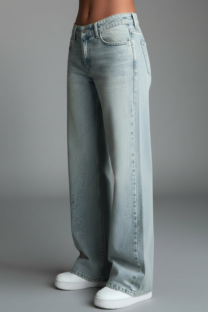 Women's Light Blue Denim Straight Leg Jeans Low Waist