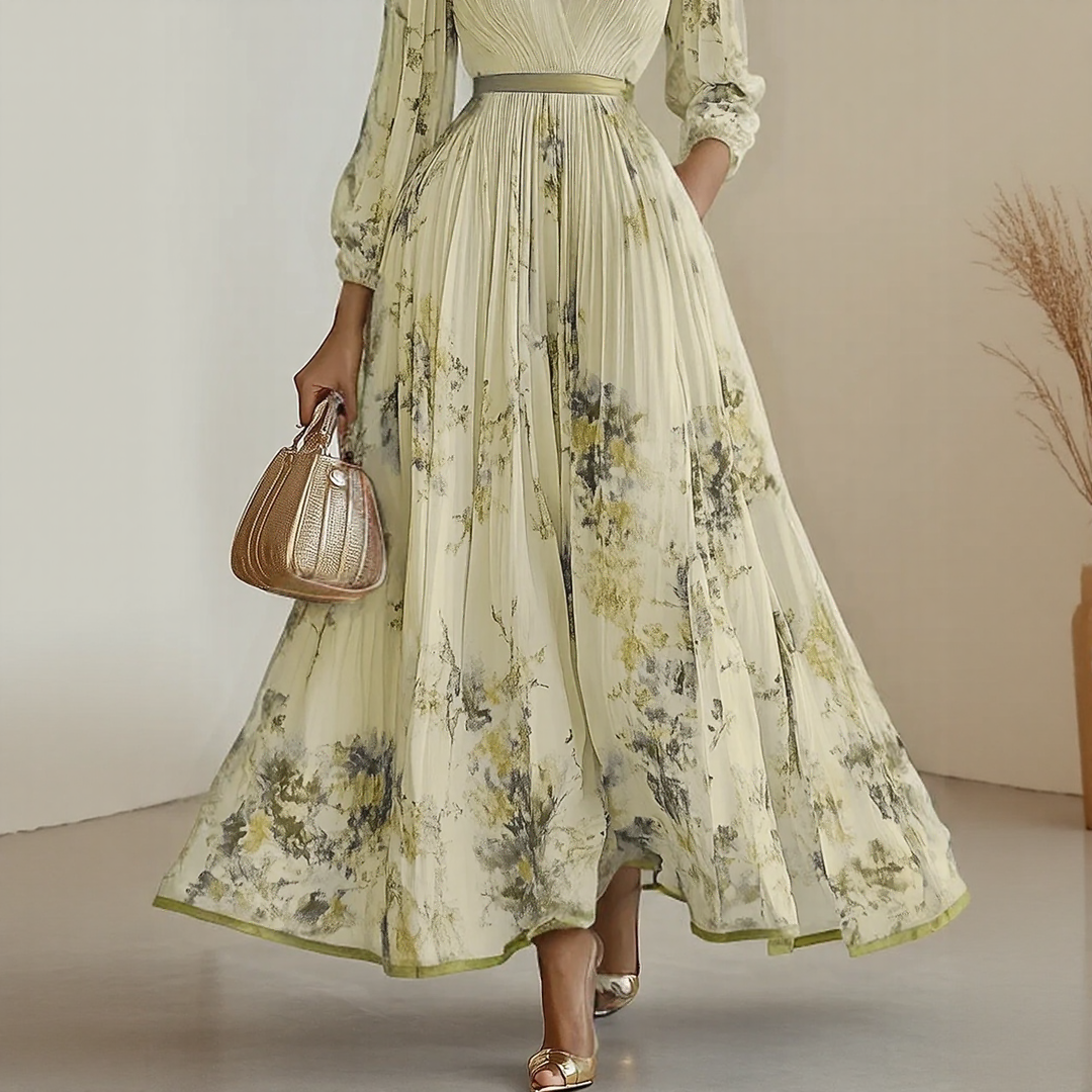 Gathered pleat construction detail on maxi dress