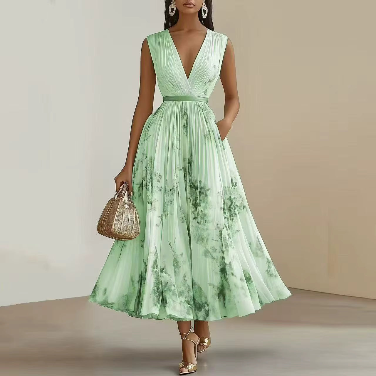 Model in floral maxi dress, back view showing pleats