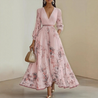 Model wearing floral maxi dress, full-length side profile
