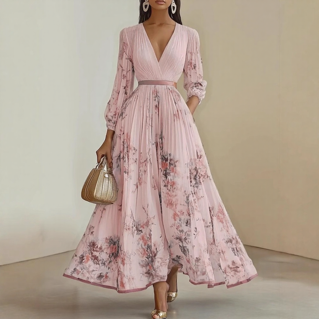 Model wearing floral maxi dress, full-length side profile