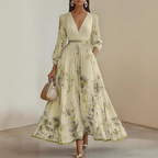 Model wearing dress with ribbon waist tie cinched at side