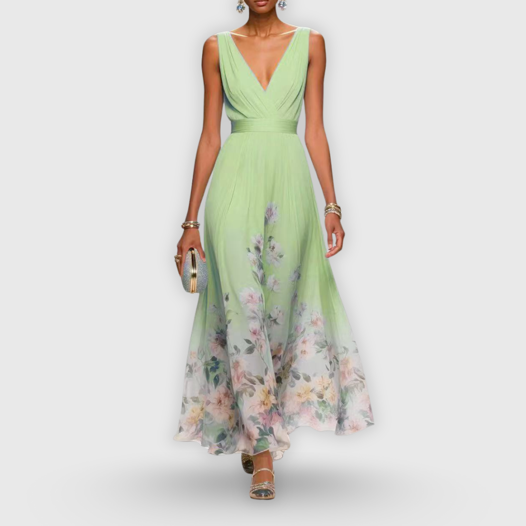 Side view of maxi dress showing waistband and fabric drape