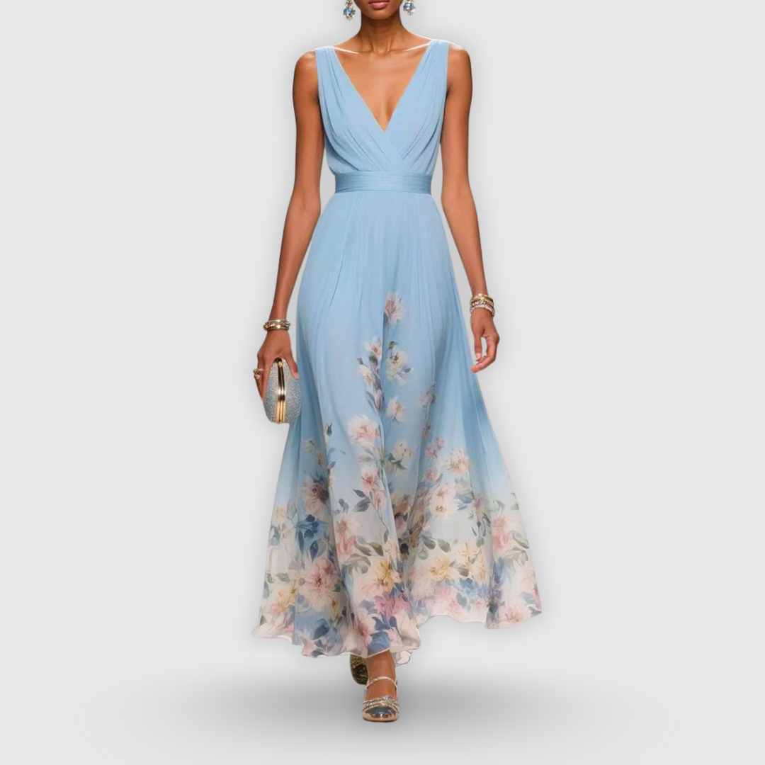 Women wearing floral V-neck sleeveless maxi dress, full-length front view