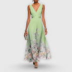 Back view of floral maxi dress highlighting V-neckline and A-line skirt