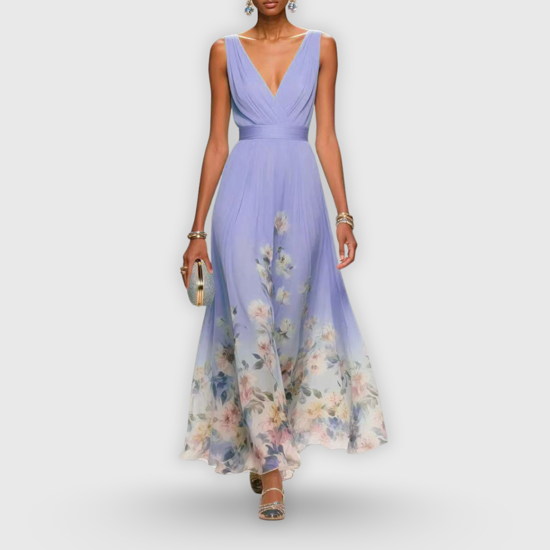 Close-up detail of floral print and cinched waist seaming