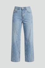 Light blue high waist straight leg denim jeans, front view on model